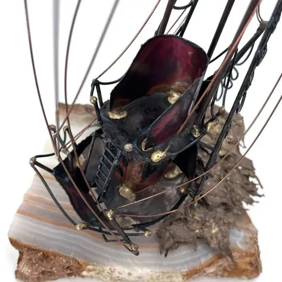 Vintage Nautical Decor Sculpture Copper Metal Sailboat On Marble Stone Base - Picture 7 of 10